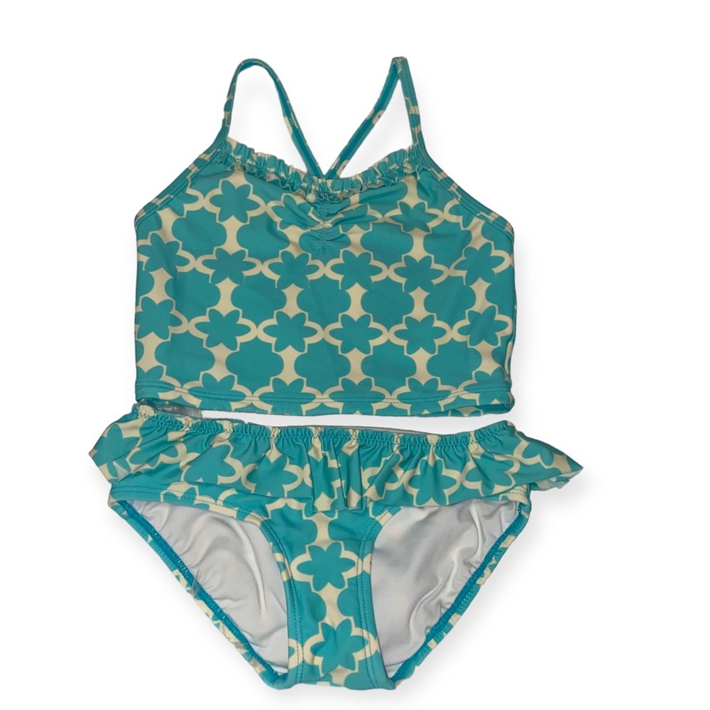 Hanna Anderson Girls Ruffled Turquoise Tankini Top Size 120 & Bottoms Size 110
